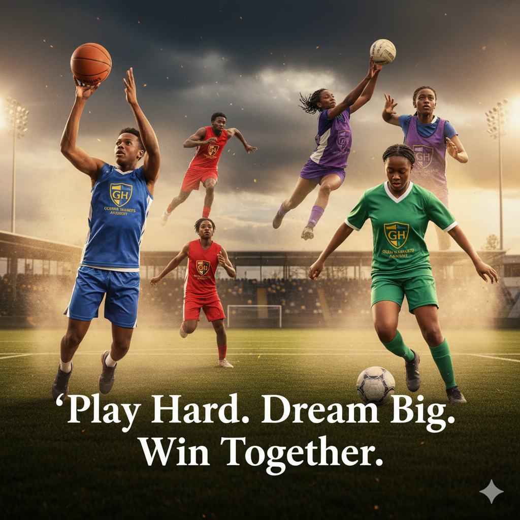 All-in-one sports montage with logo and motto